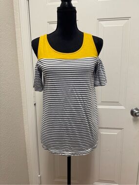 Striped Cold-Shoulder Tank Top with Yellow Yoke 0094